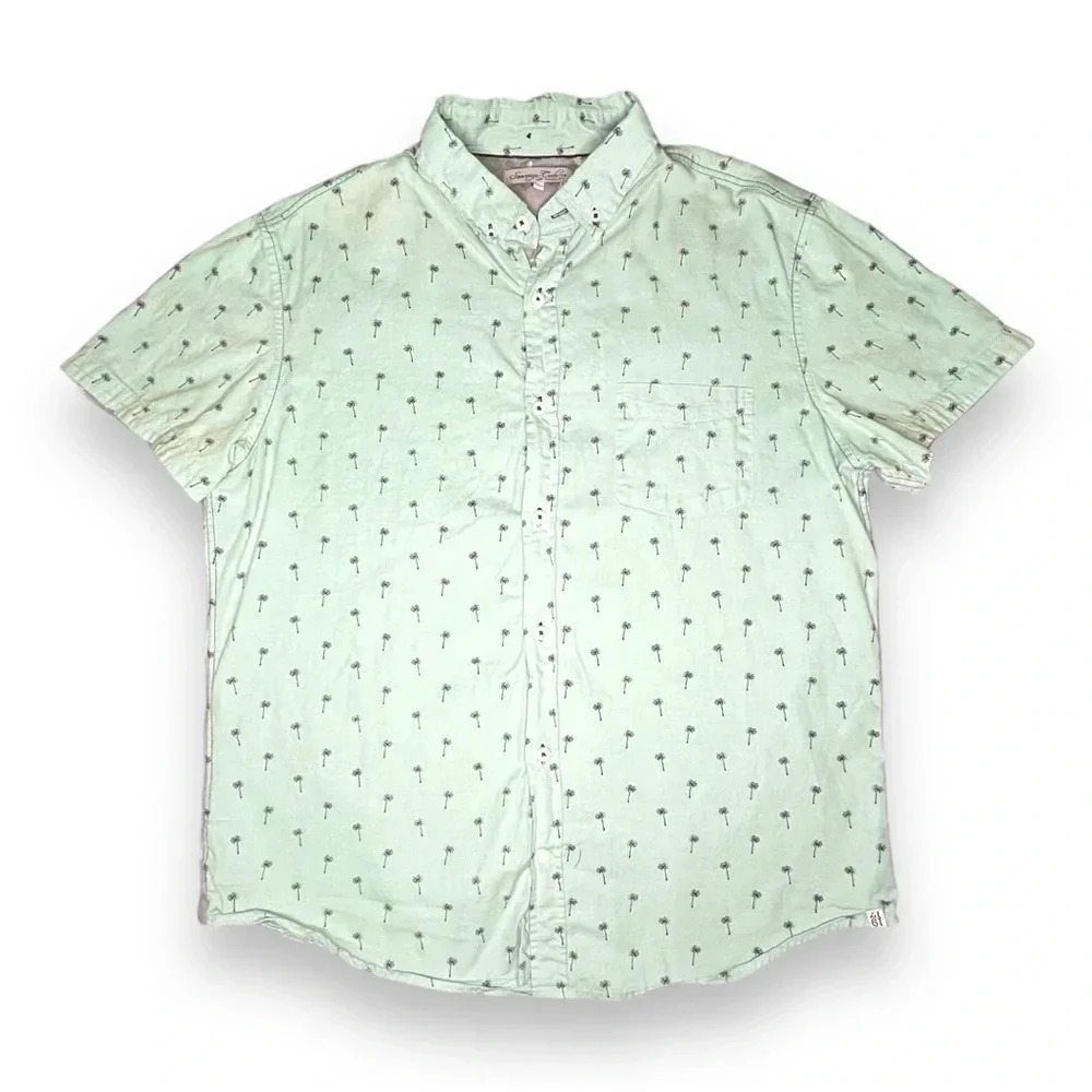 Palm Tree Print Light Green Button-Up Shirt, by Sovereign Code Size Large